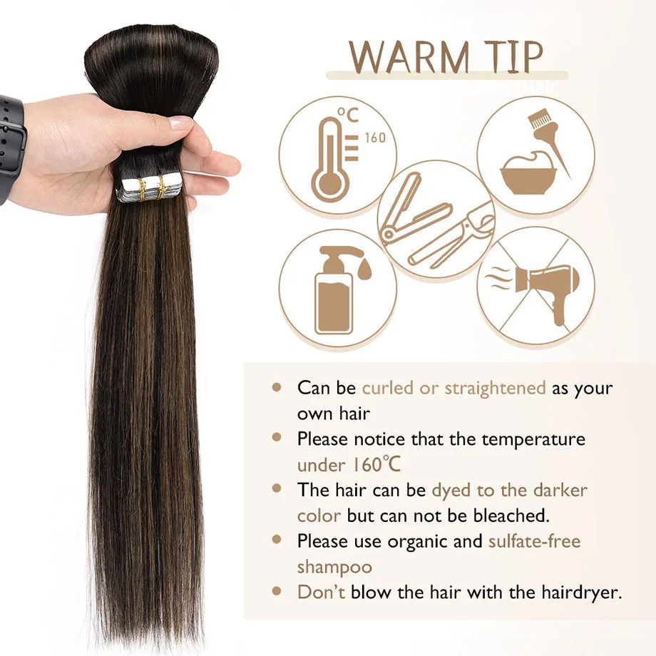 Tape in Hair Extensions Human Hair Balayage Natural Black Highlighted Chestnut Brown 20pcs 50g Remy Tape in Human Hair Extension
