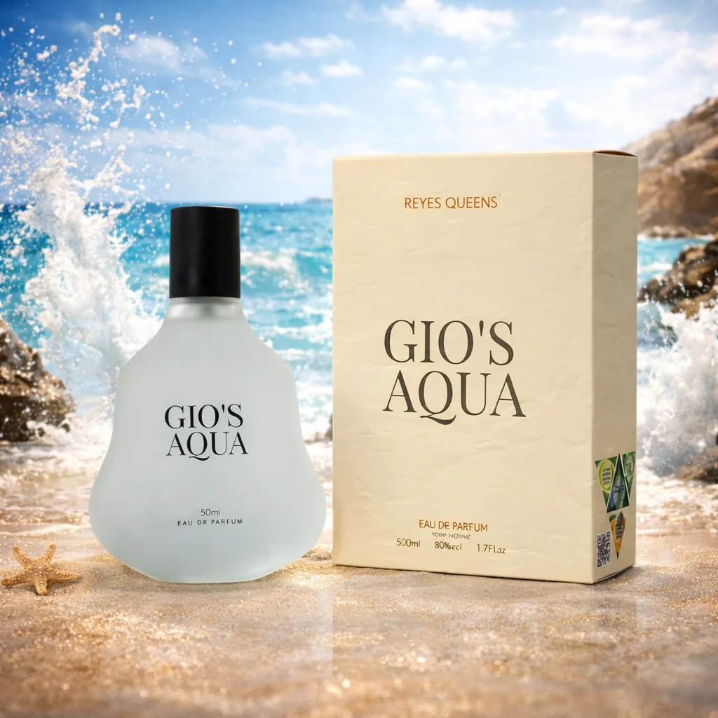 Reyes Queens - Eau de parfum Gio's Aqua 50 ml. Parfum pour hommes au parfum aquatique frais, aux notes d'agrumes pures et à une base boisée douce.