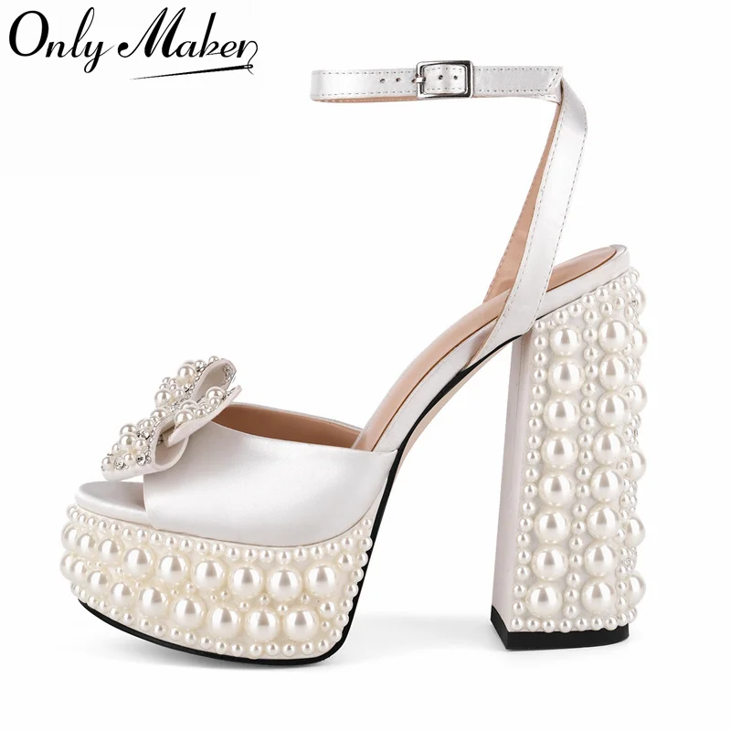 

Onlymaker Women Pearl Heels Platform Open Toe Heeled Sandals Buckle Slingback Wedding Bridal Ankle Strap Shoes Sandals