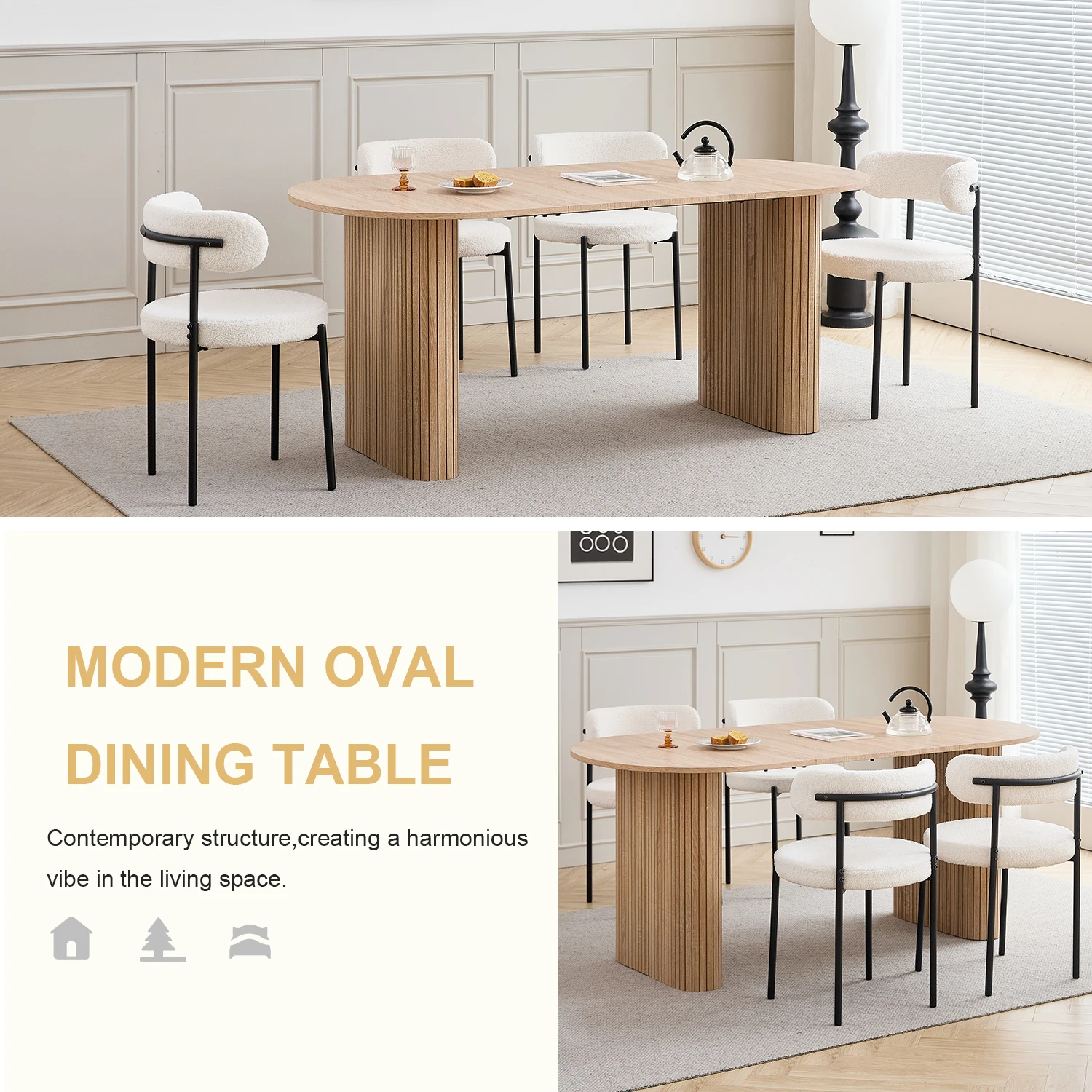 EGOONM Moderner Esstisch Ovaler Gerillter Säulenfuß Küchentisch 6-8 Sitzer Holz-Esstisch für Esszimmer – Detail 2