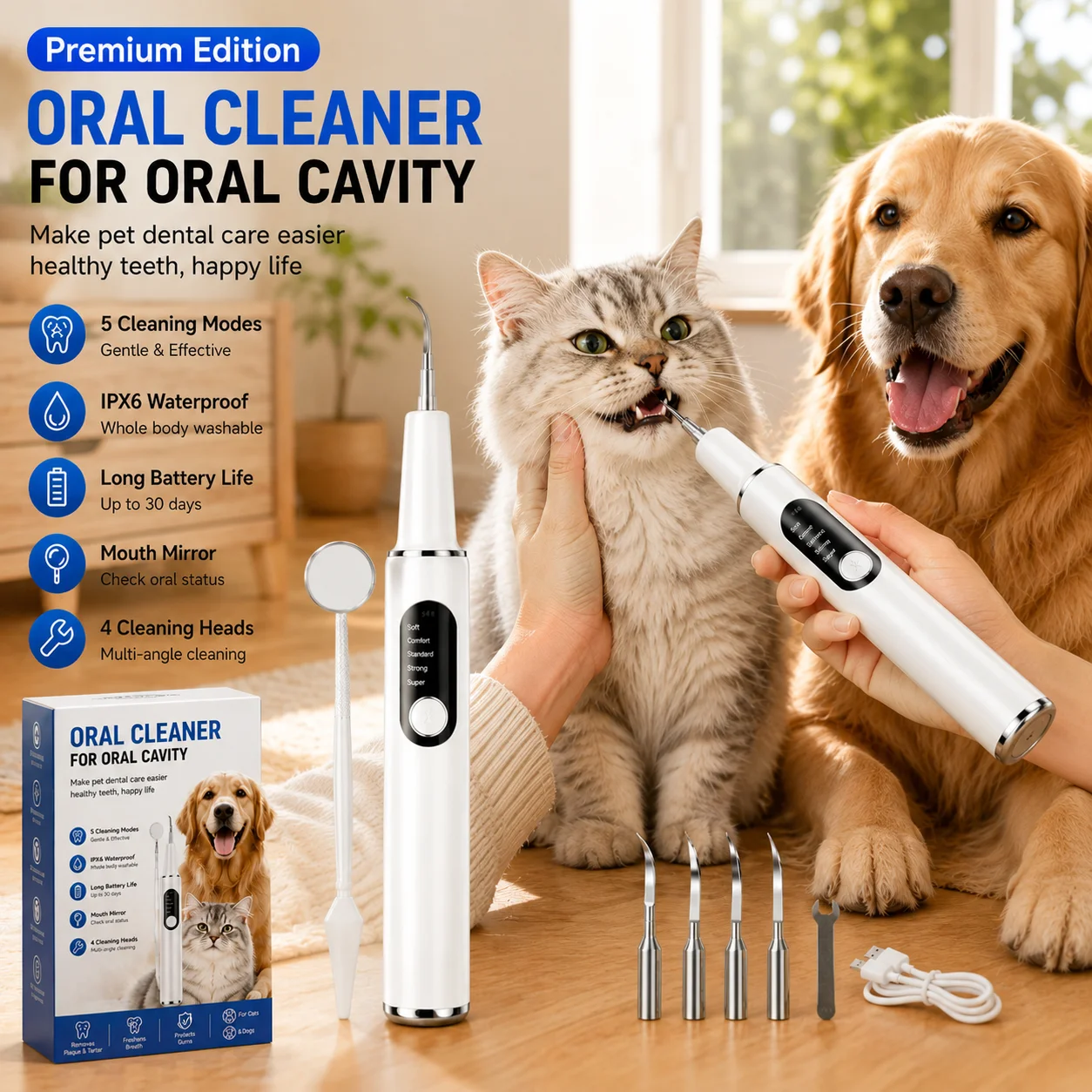 PuppyPet Ultrasonic Dental Scaler for Dogs & Cat, LED Light with 5 Pattern Pet Teeth Cleaner for Tartar, Plaque & Stain Removal