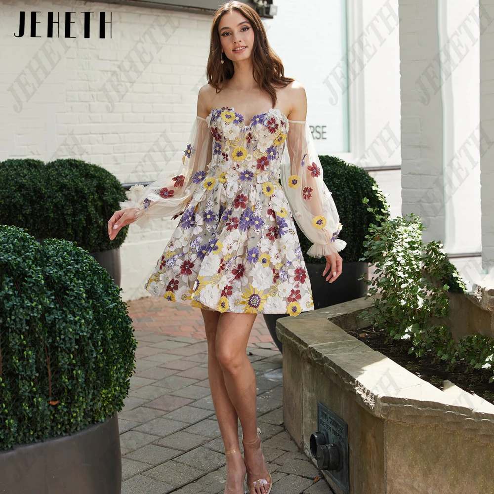 JEHETH Prom Dress For Women 2023 Mini Floral Homecoming Flowers Detachable Sleeves Party Backless Evening Gown Vestidos De Gala