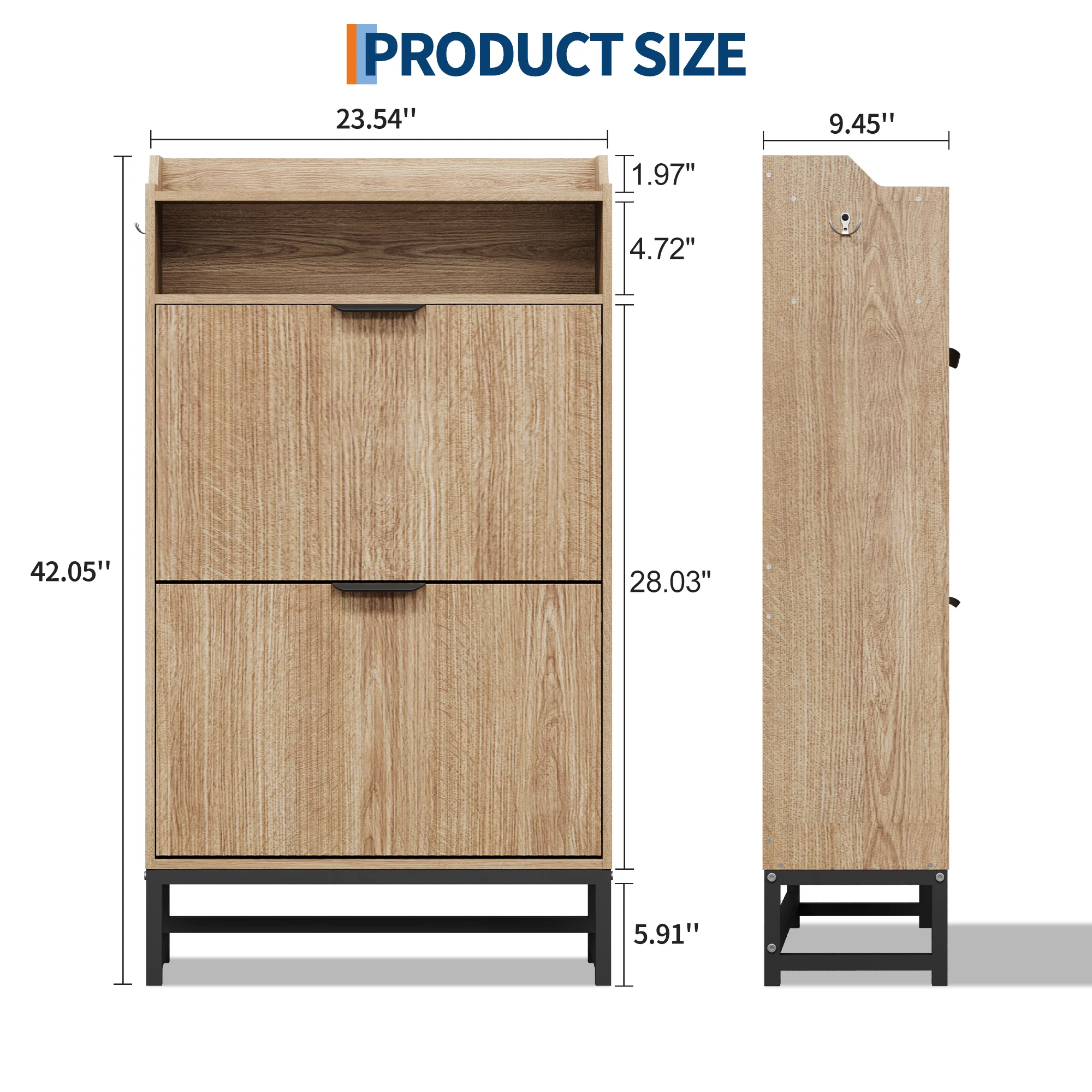Slanke moderne schoenenkast met opklapbare laden, gegroefd ontwerp, open opbergplank, metalen poten. Ultradunne ruimtebesparende entree-organizer voor de hal en woonkamer. Stofdichte kantelbare