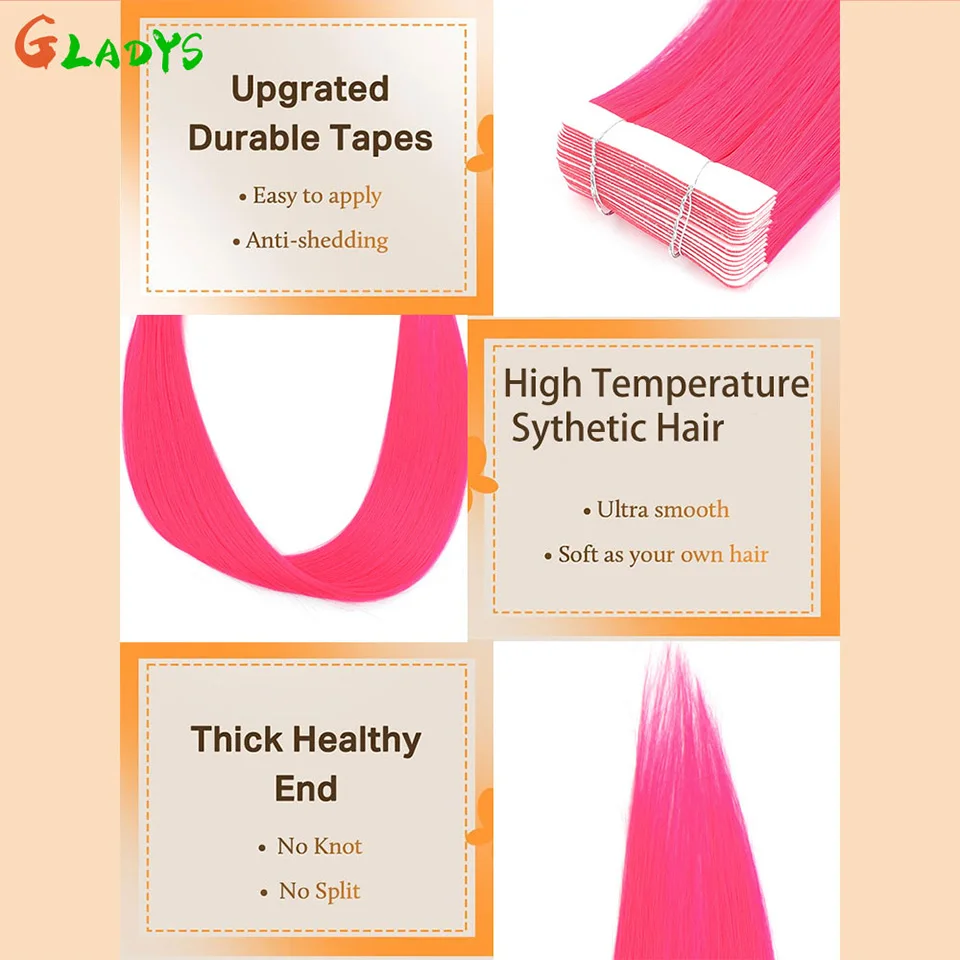 ผมต่อแบบเทป Gladys สีชมพูสังเคราะห์ตรง 50 กรัม/แพ็ค ใยทนความร้อนสูง เทปกาวสองด้าน