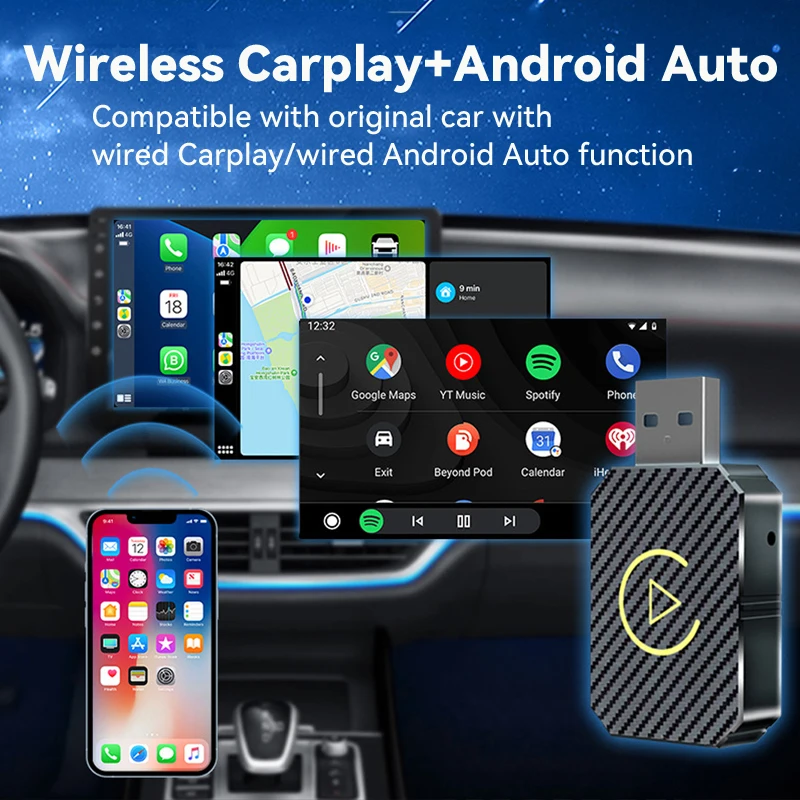 VR Robot Wireless Carplay Android Auto Dongle Mini Plug & Play 2 IN 1 Car Navigation Adapter WiFi BT Auto-connect