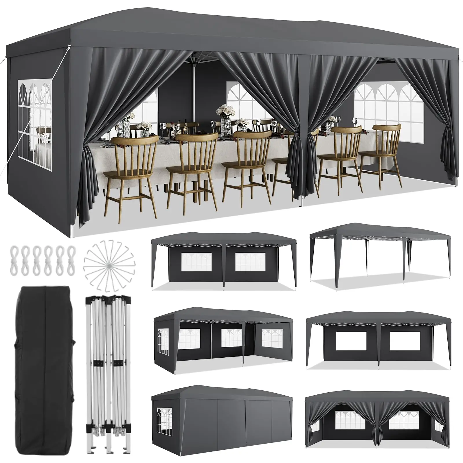 10x20 Pop Up Canopy Tent with 6 Removable Sidewalls, Easy Up Commercial Canopy Tents for Parties, Large Heavy Duty Outdoor Canopies with 3 Adjustable Heights, Stakes X18, Ropes X6, Grey