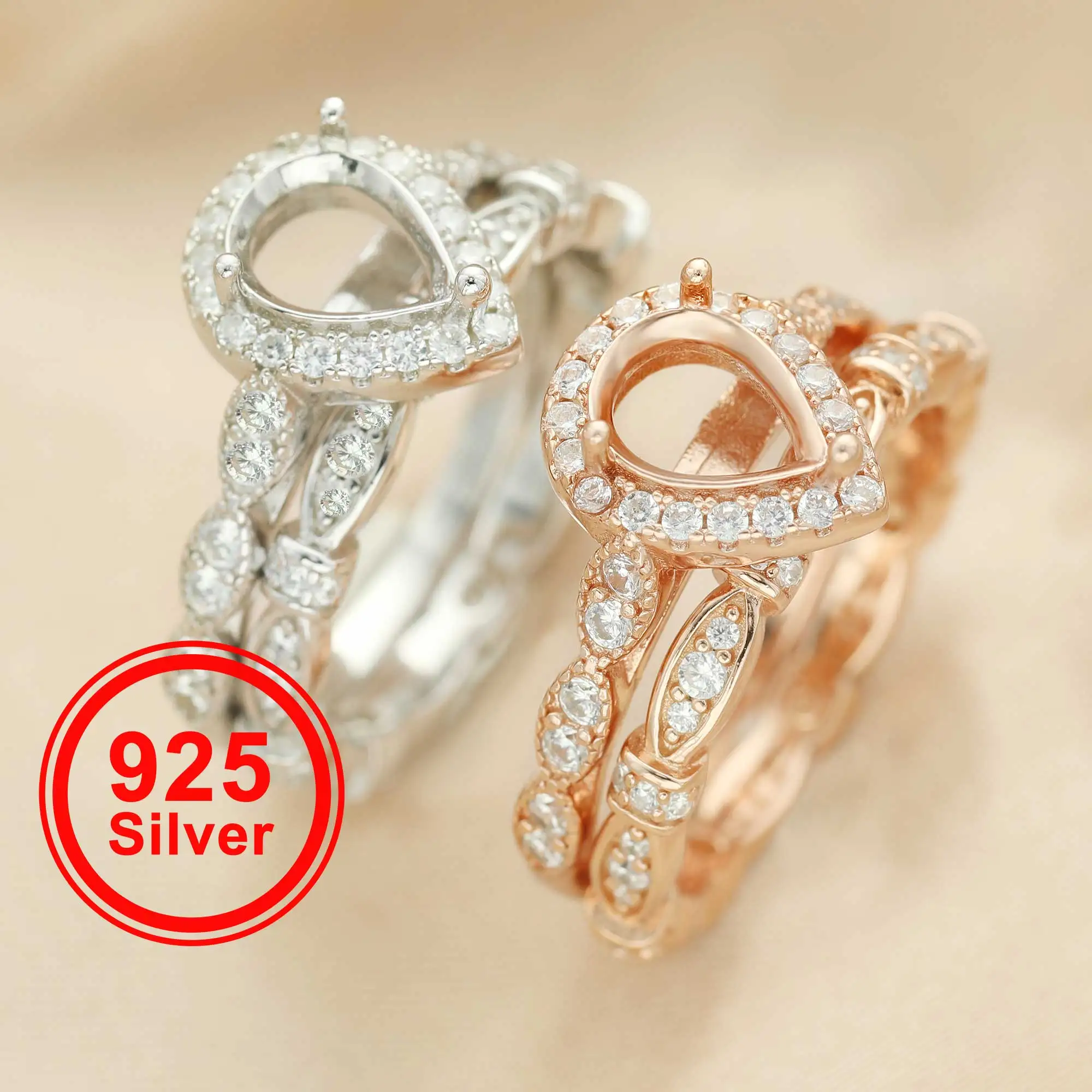 6x8MM Pear Prong Rings Settings Stackable Solid 925 Sterling Silver Rose Gold Plated Art Deco Bezel Stacker Ring DIY Set 1294416