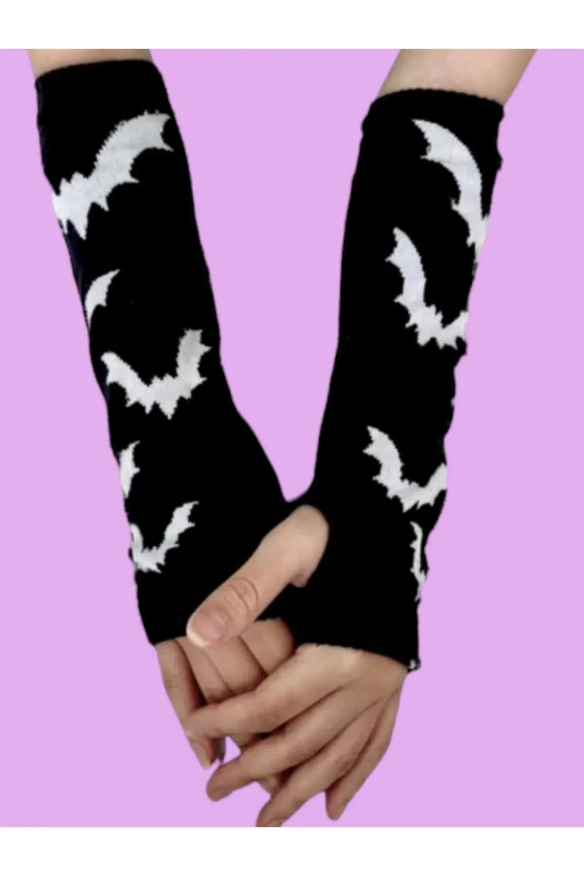 Gloves Sleeve Black Bat Patterned Lycra Cotton Unisex