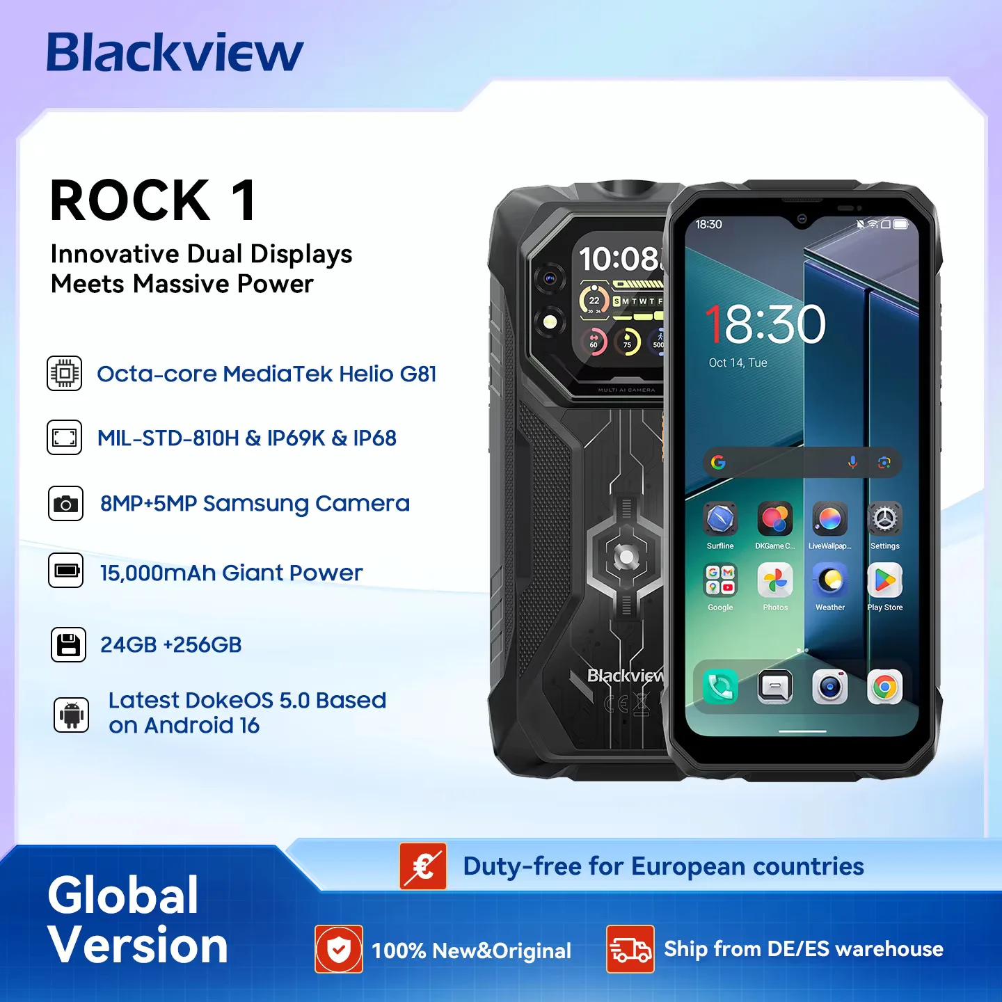 Blackview Rock 1 téléphone portable extérieur Android 16, smartphone extérieur 24 Go + 256 Go/2 To, 15 000 mAh, 6,56 pouces HD +, étanche IP68