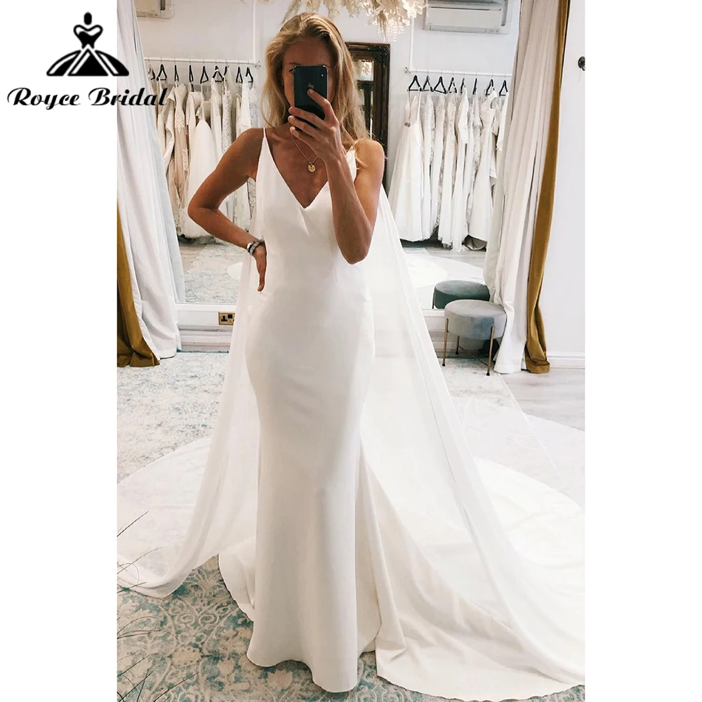 Simple Sexy V Neck Spaghetti Straps Watteau Train Open Back Satin Mermaid Wedding Dress For Women Bridal Gowns Robe De Mariée