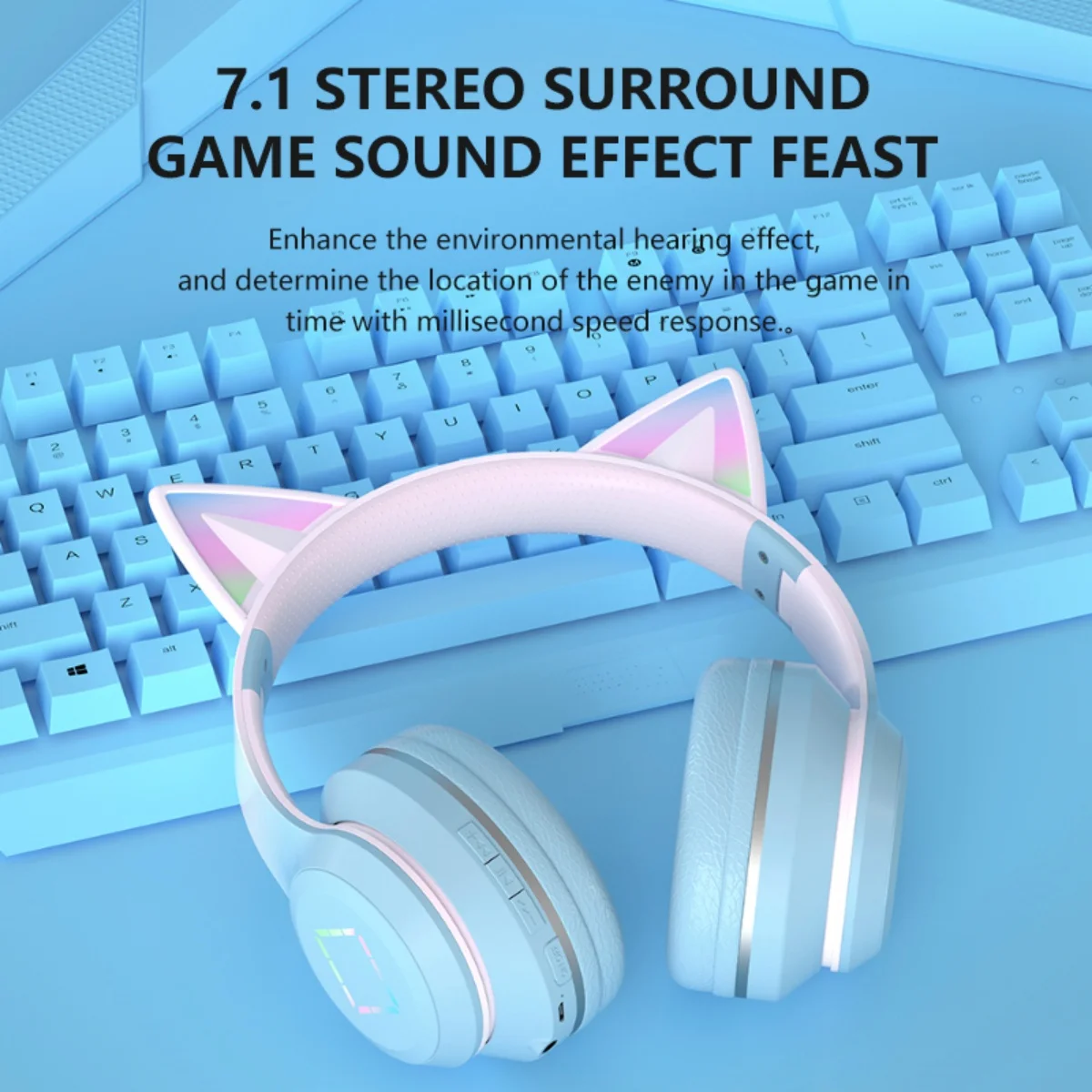 ZIICOYO Cartoon cute style children's Bluetooth headset wireless music gradient color LED light cat ears with microphone