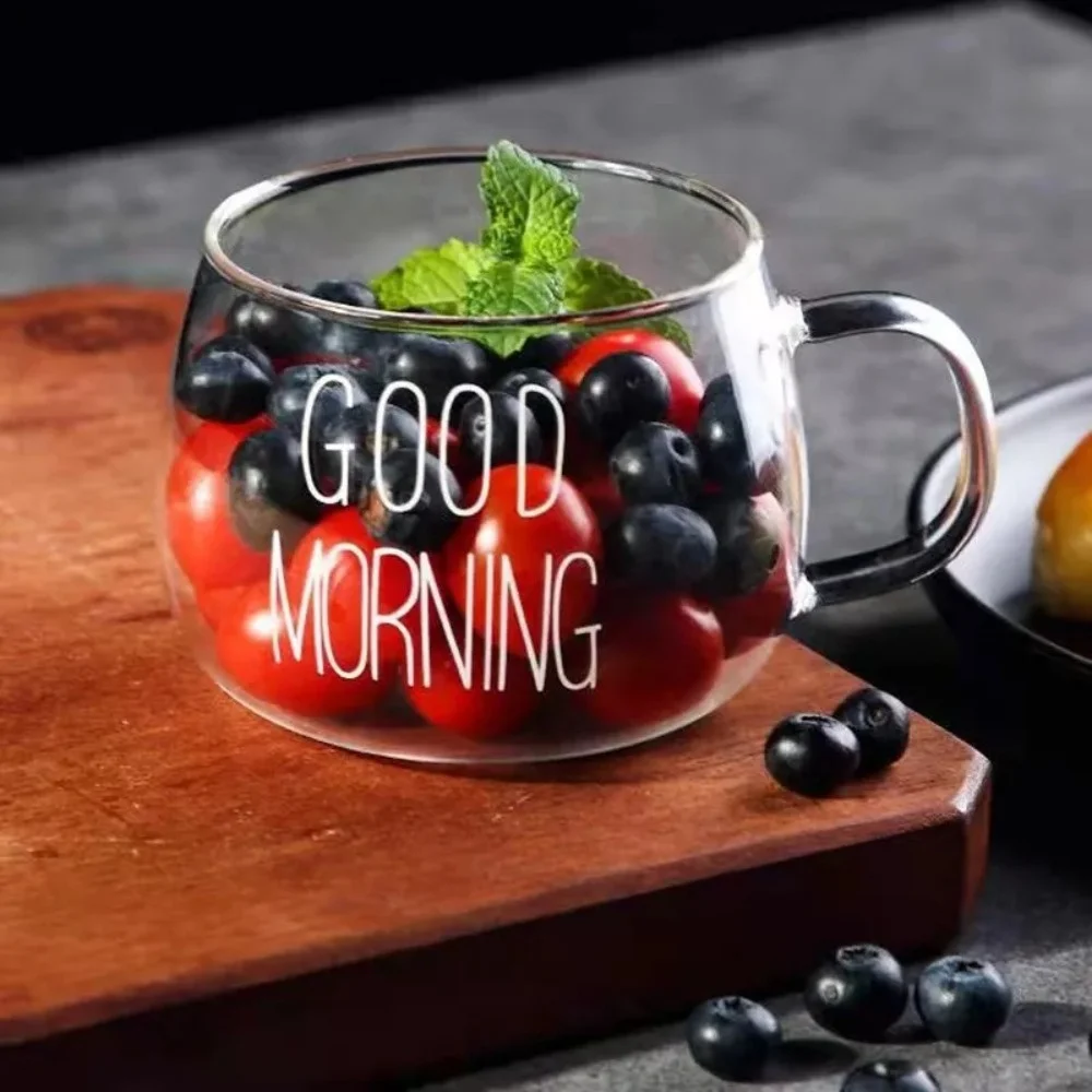 350ml Glass Coffee Tea Cup 1pc Letter Printed Mug Drinks Dessert Breakfast Milk Cup Glass Mugs Handle Drinkware