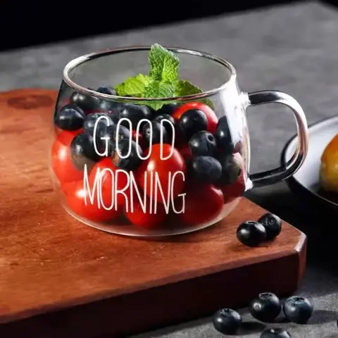 350ml Glass Coffee Tea Cup 1pc Letter Printed Mug Drinks Dessert Breakfast Milk Cup Glass Mugs Handle Drinkware