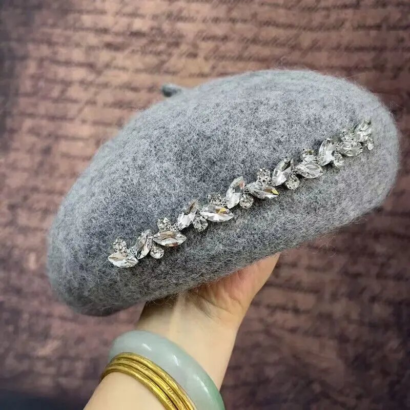 Beret cap Korean version trendy and fashionable wool beret, Woman beret, westernized water diamond, autumn and winter versatile