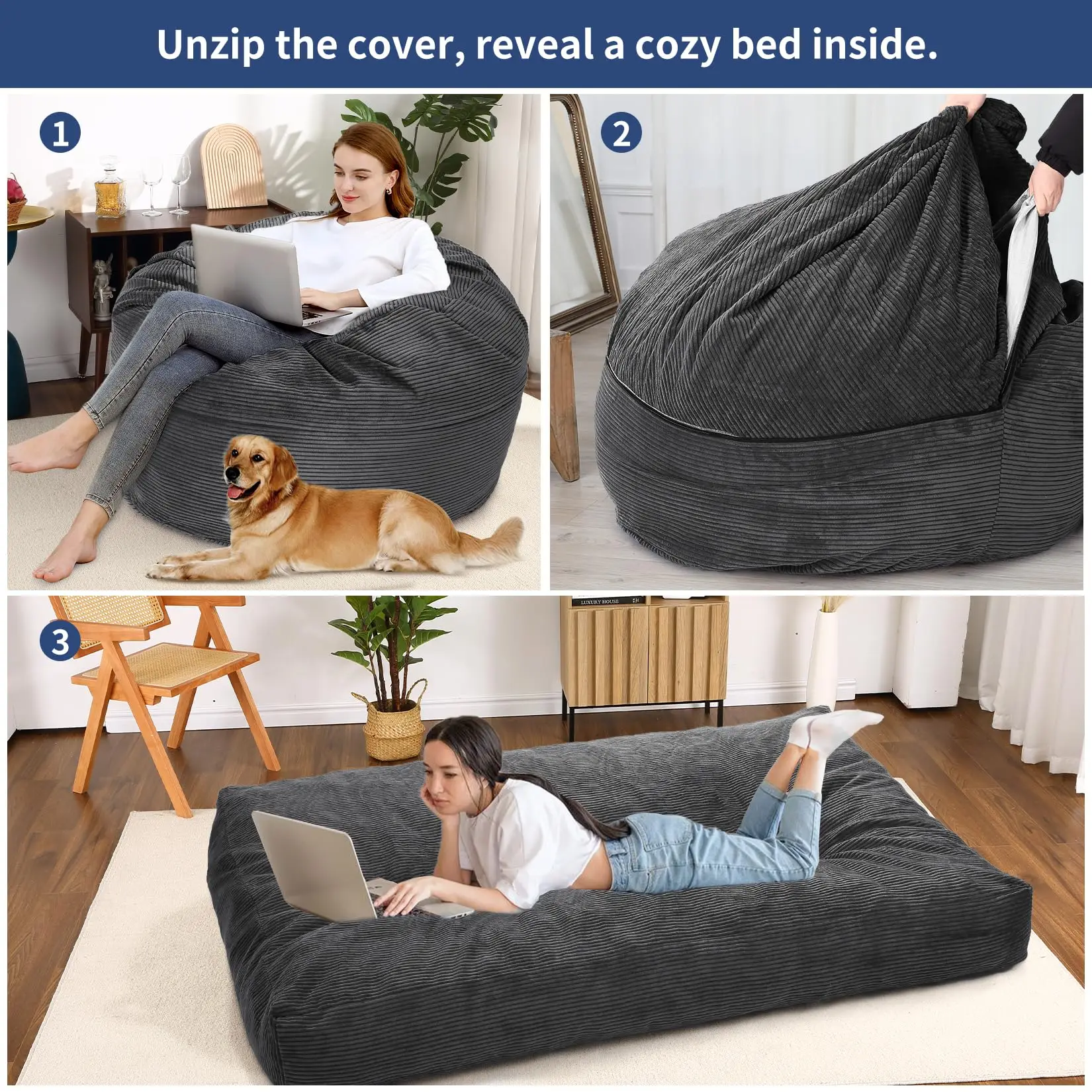 Divano letto a sacco 190x135x25 cm, trasformabile da poltrona a sacco XXL a letto, con rivestimento in velluto a coste lavabile, imbottitura in schiuma confortevole e tasca laterale, ideale per