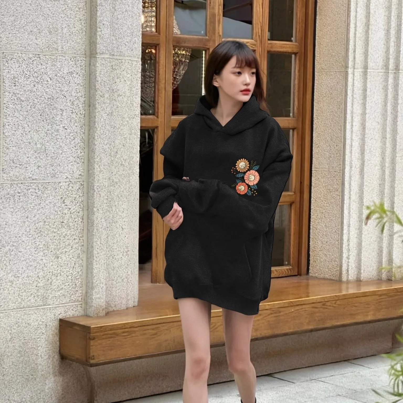 

Floral Fans Cotton Hoodie Flower Pattern Casual Loose Long Sleeved Autumn and Winter Sweet Charming Fashionable Comfortable Top