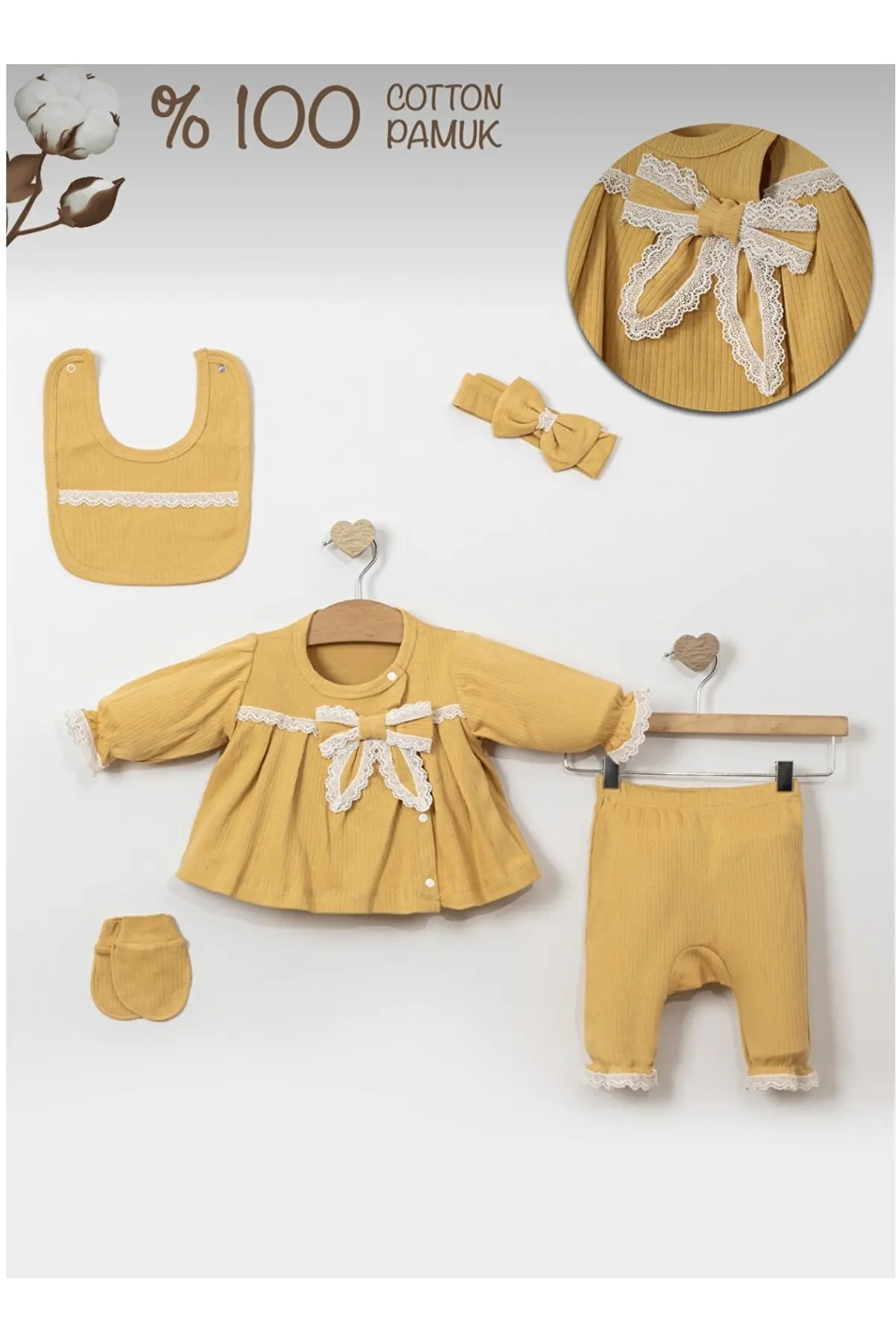 Newborn Baby Girl 100% Cotton Organic French Guipure 5 Pieces Hospital Outfit Underwear Set 0-3 9,9-12months