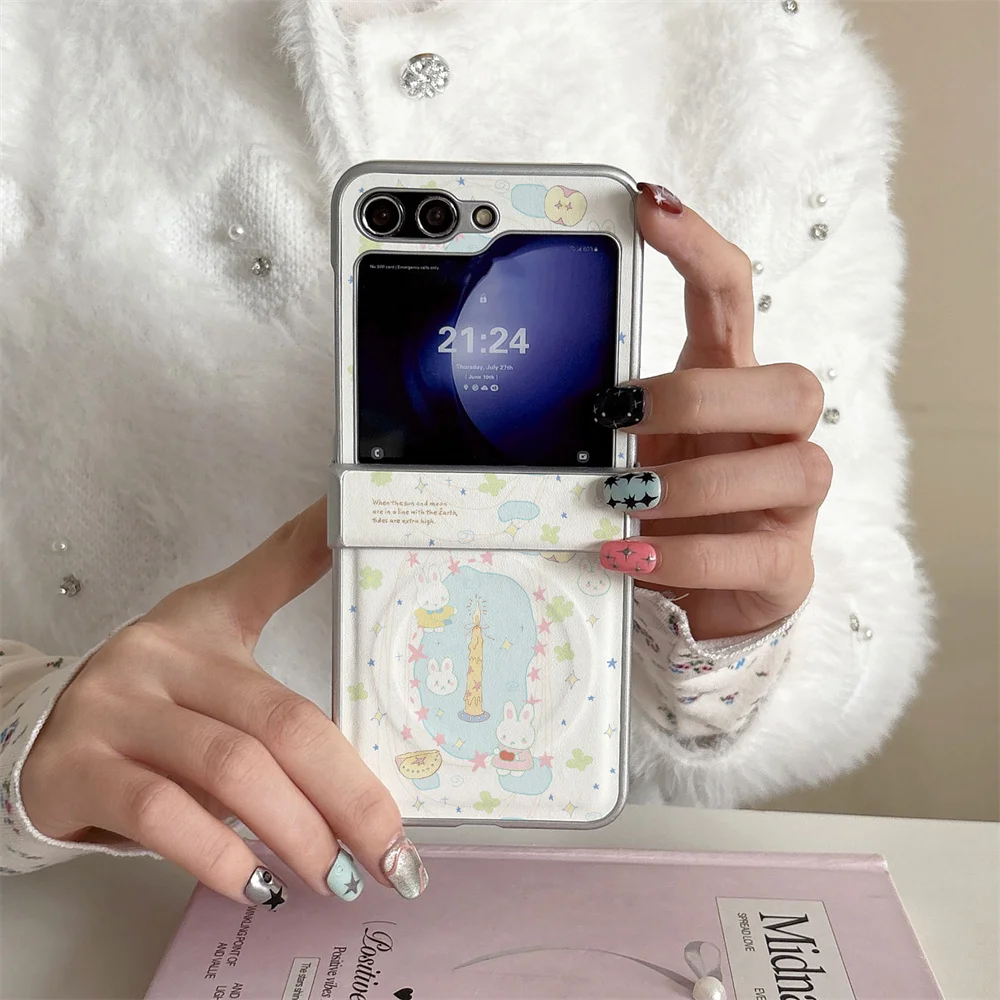 Cute Miffy Bunny Birthday Candle Pattern Magnetic PU Leather Phone Case For Samsung Z Flip 8 7 6 5 4 Full Hinge Anti‑Drop Foldin