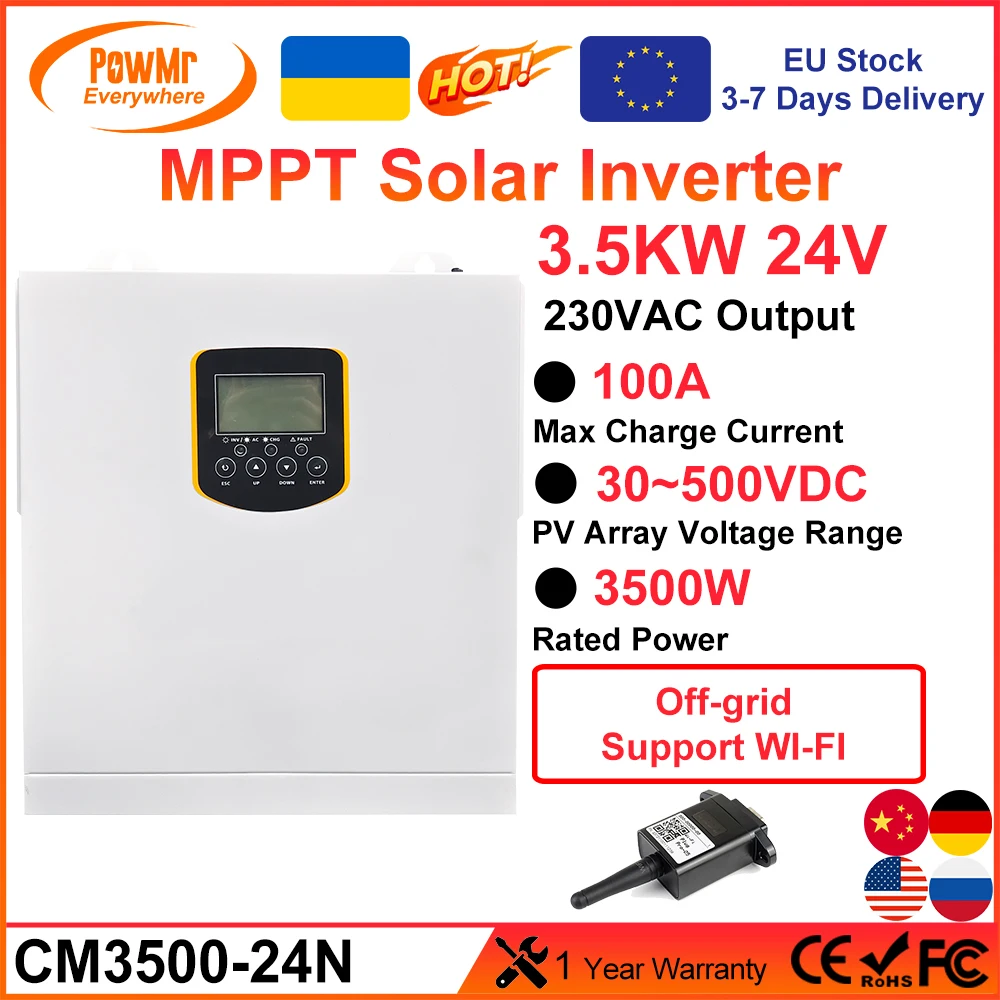 Powmrハイブリッドソーラーインバーター、太陽光発電ハイブリッドインバーター、最大出力pv 30-500v、100a mpptソーラー充電器内蔵、3.5kw、24v、220vac