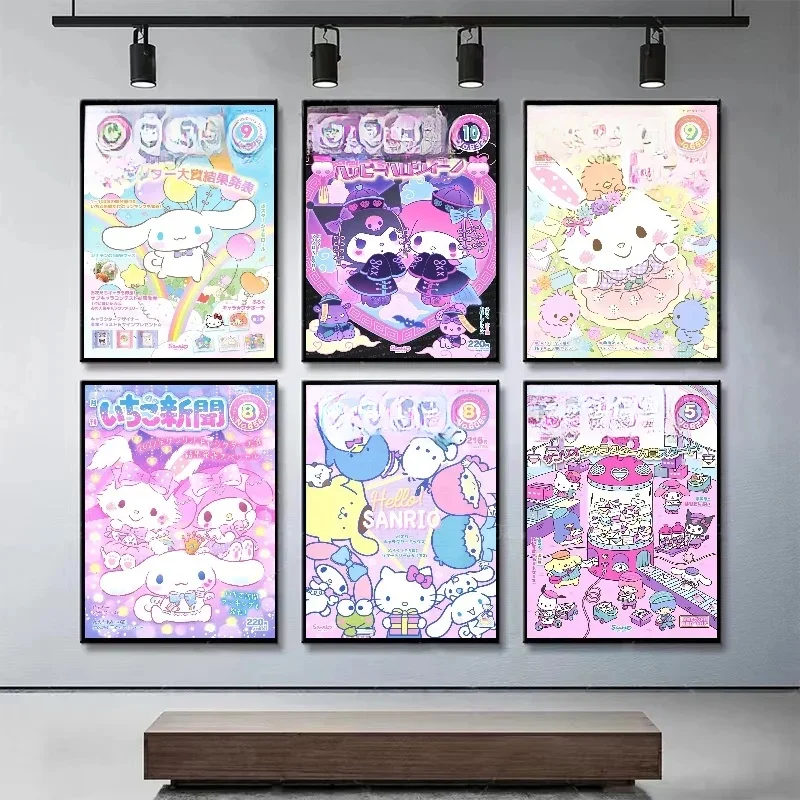 Anime Peripheral Sanurgente Poster, My Melody, Cinnamoroll, HelloKittile, Canvas Painting, Print, Children's Room Decoration, Christmas Gift