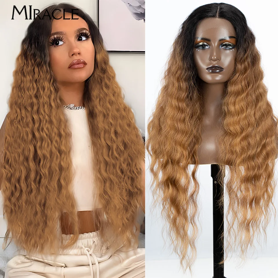 MIRACLE Synthetic 31Inch Lace Front Wig Long Wave Fiber Lace Wig For Woman Blonde Fake Hair Cosplay Colorful Soft Fake Hair