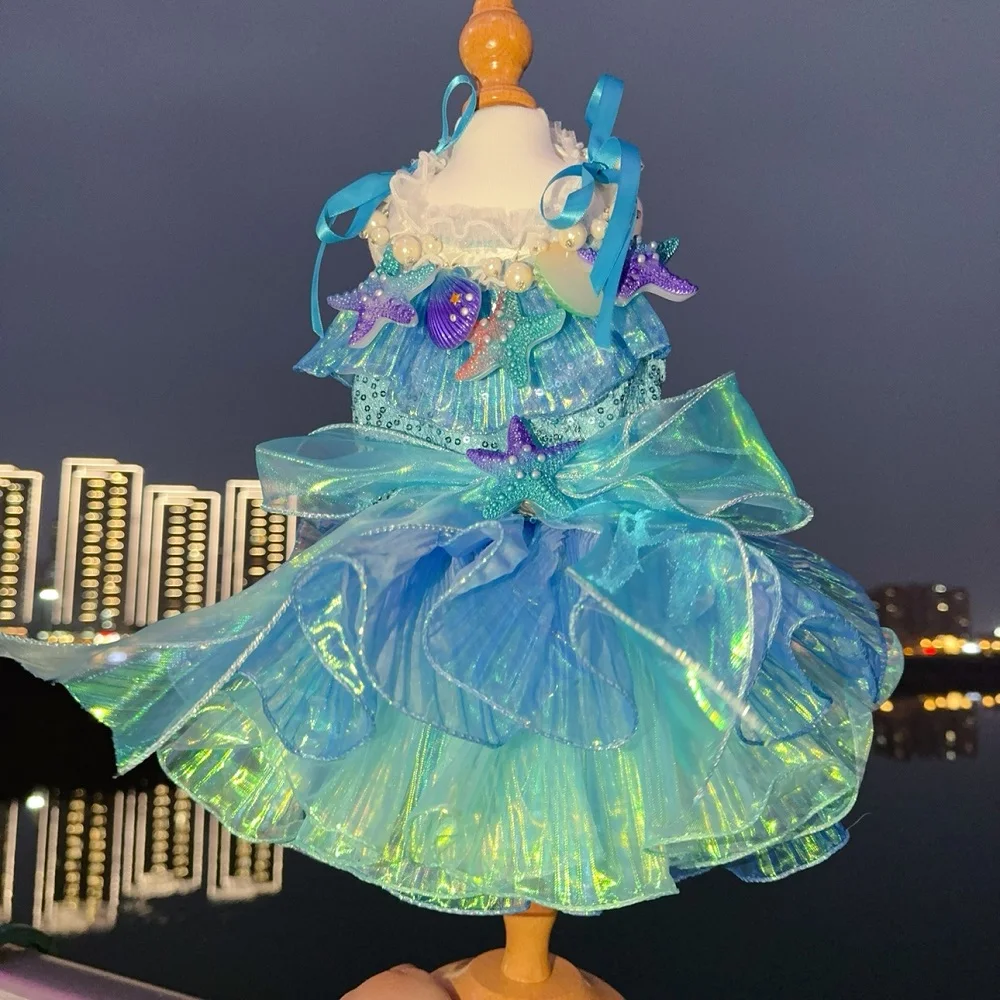 Handmade Mermaid Princess Pet Dress Dog Clothes Shimmering Blue Sea Inspired for Parties Holiday Photoshoots Cute Cat Costume