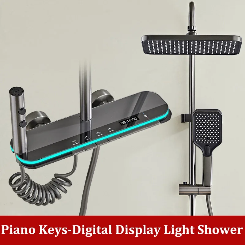 

Piano Key Shower Head Atmosphere Light Digital Display Home Bathroom Water Plated Gun Gray Hot and Cold Shower Set