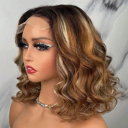 200% Density 4/27 Short Bob Wig Loose Body Wave 13x4 Lace Frontal Human Hair Pre Plucked Bob Wig Brown With Blonde Highlight Wig