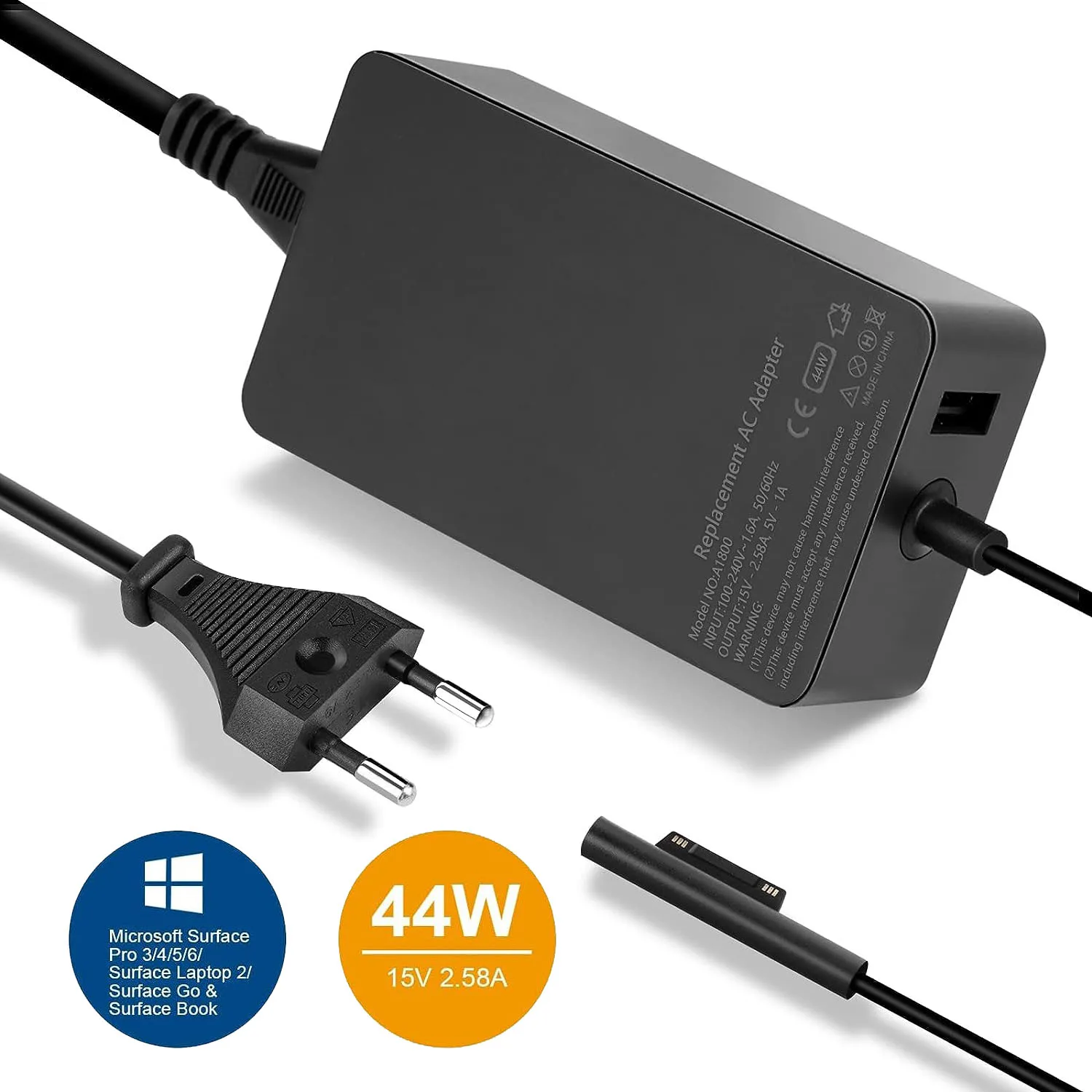 Surface Pro 44W 15V 2.58A charger for Microsoft Surface Pro 3/4/5/6/7/X Model 1800, surface Book/Laptop/Go power adapter with 5V 1A USB port and Cable (Works with 39W/36W/24W)