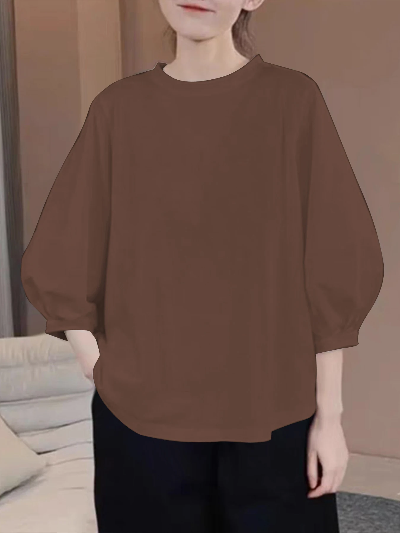 Damen-Tops mit 3/4-Ärmeln, Rundhalsausschnitt, lässig, trendig, lockere T-Shirts – Detail 20
