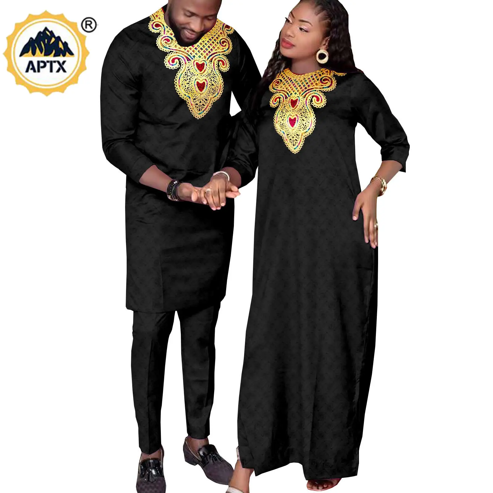 African Couples Clothes Kaftan Dresses for Women Matching Men Outfits Abaya Bazin Riche Muslim Pant Sets Wedding Outwear Y22C028