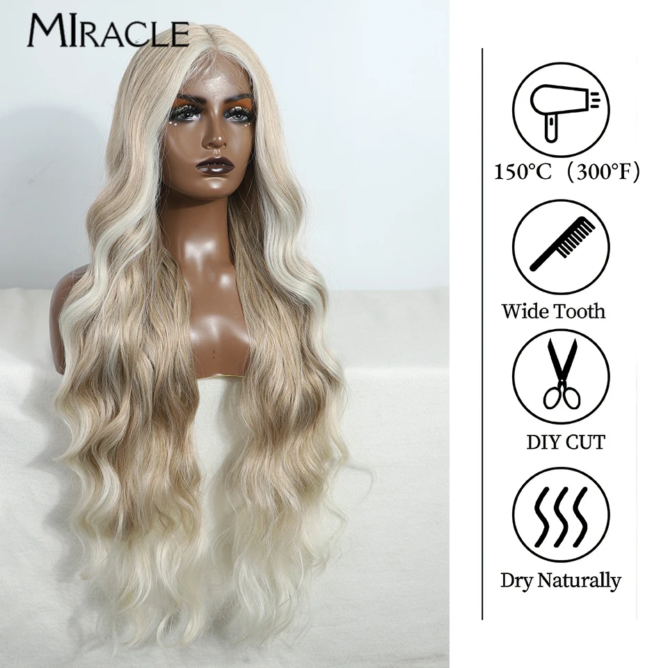 MIRACLE-peluca sintética con malla frontal para mujer, pelo falso de fibra ondulada, suave, resistente al calor, Cosplay, color marrón, 36 pulgadas