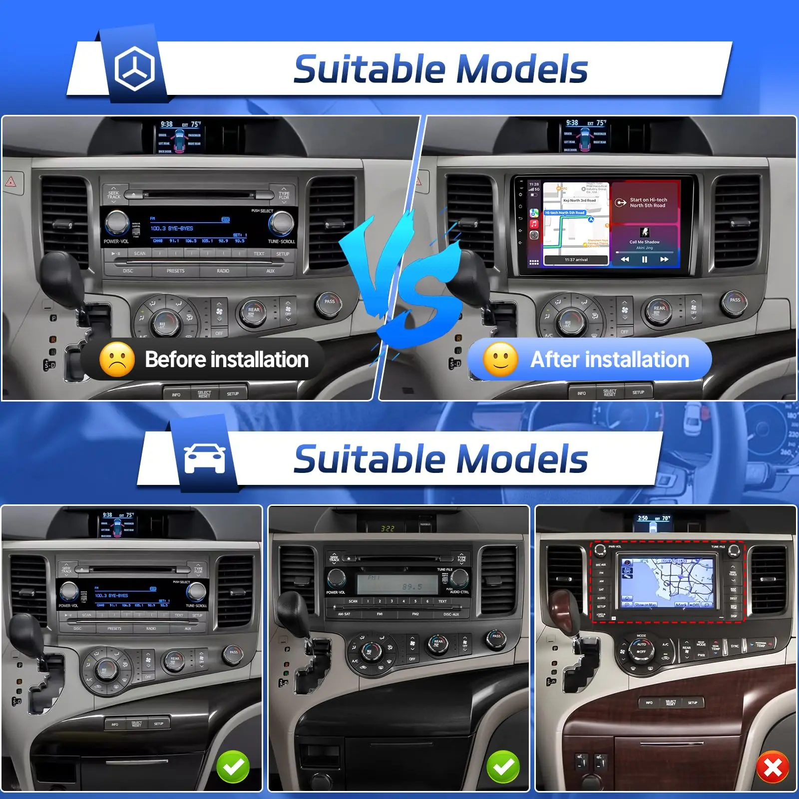 شاشة لمس IPS مقاس 9 بوصة لوحدة رأس سيينا بلوتوث/FM/GPS/WiFi/SWC/شاشة مقسمة/رابط مرآة لسيارة Toyota Sienna غير مناسبة J.B.L
