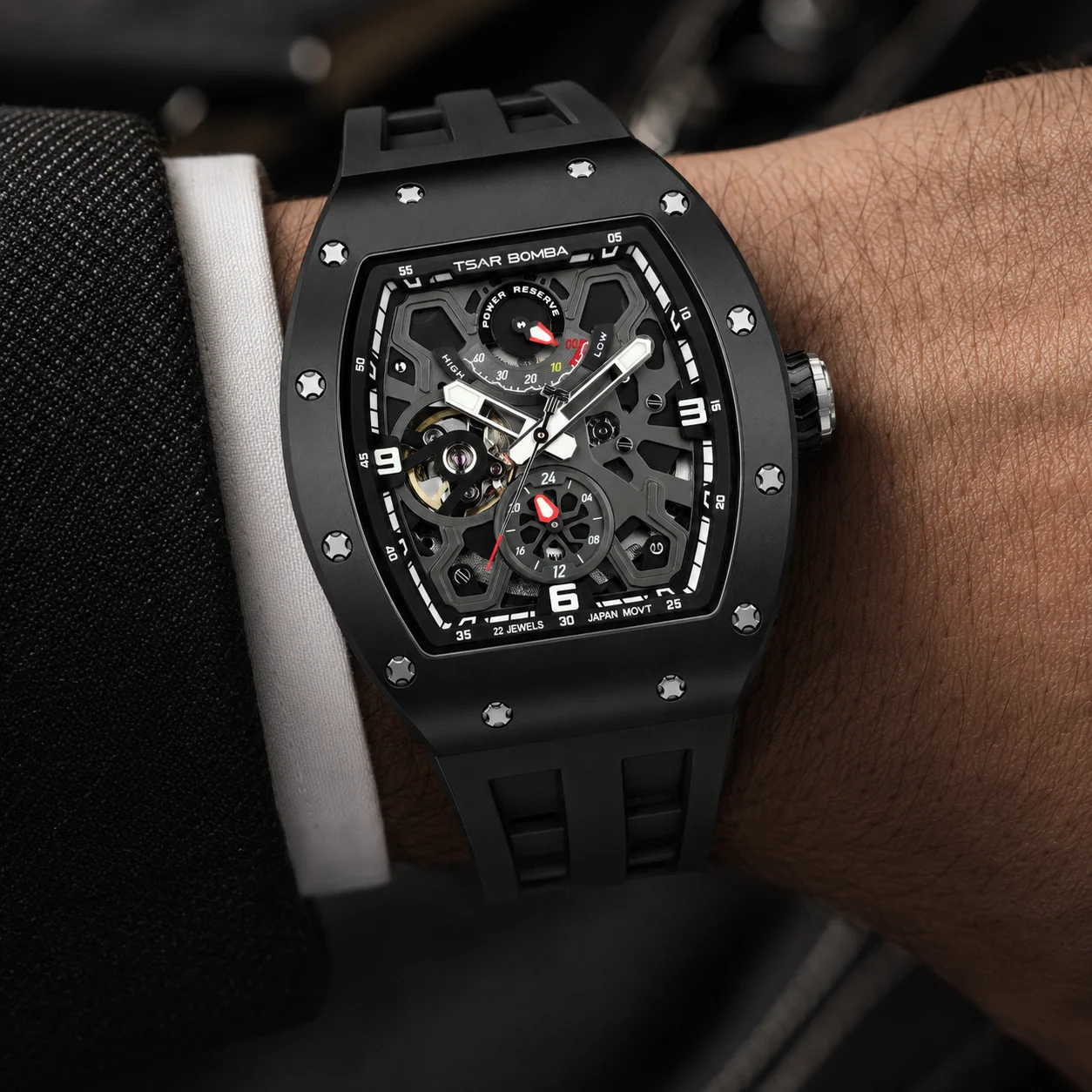 TSAR BOMBA Men Mechanical Watch Epson Movement Carbon Fiber Ceramic Sapphire Crystal FKM Strap 50M Waterproof Luminous Skeleton