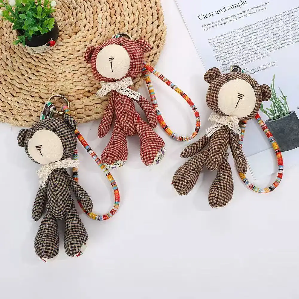Handmade Plaid Bear Keychain Cute Fabric Doll Bag Charm Kawaii Aesthetic Backpack Pendant Car Keyring Gift Women Girls