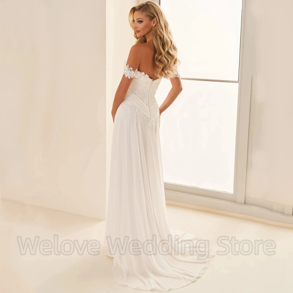 A-lijn Chiffon Trouwjurk Sweetheart Off De Schouder Korte Mouw Applique En Plooi Sexy Open Back Bridal Boho Jurken