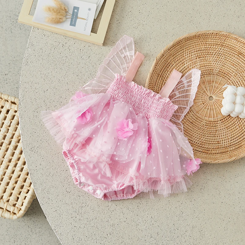 Suefunskry Baby Girls Romper Dress, Sleeveless Pleated Flower Butterfly Tulle Patchwork Bodysuit Summer Clothes