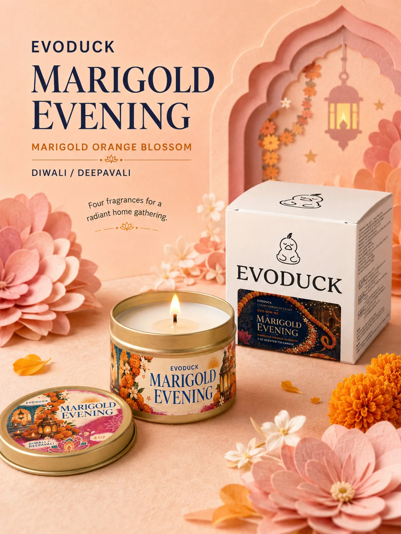 1pc Diwali Candle Marigold Orange Blossom Scented Tin Candle 3oz with Gift Box, Deepavali Festival of Lights Floral Gift for Mom