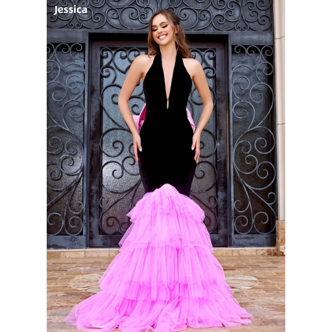 

Jessica Gorgeous Handmade Tulle Layering Evening Dresses Black Mermaid Prom Dresses Bow Tie Lady Vestidos De FiestaCustomized