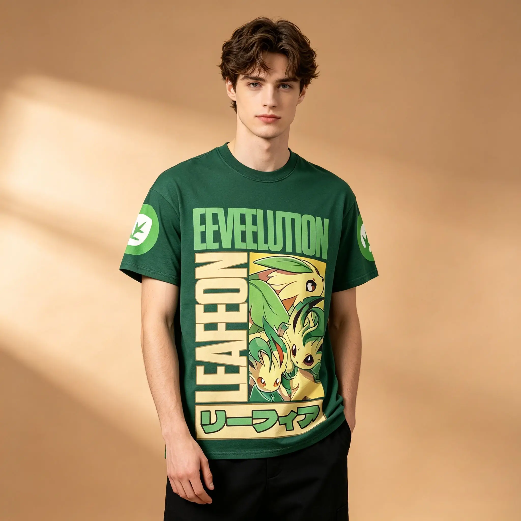 Men's Anime Graphic T-Shirt, Forest Green Pokemon Leafeon Eeveelution Grass Type Print Sleeve Symbol Soft Breathable Otaku Daily