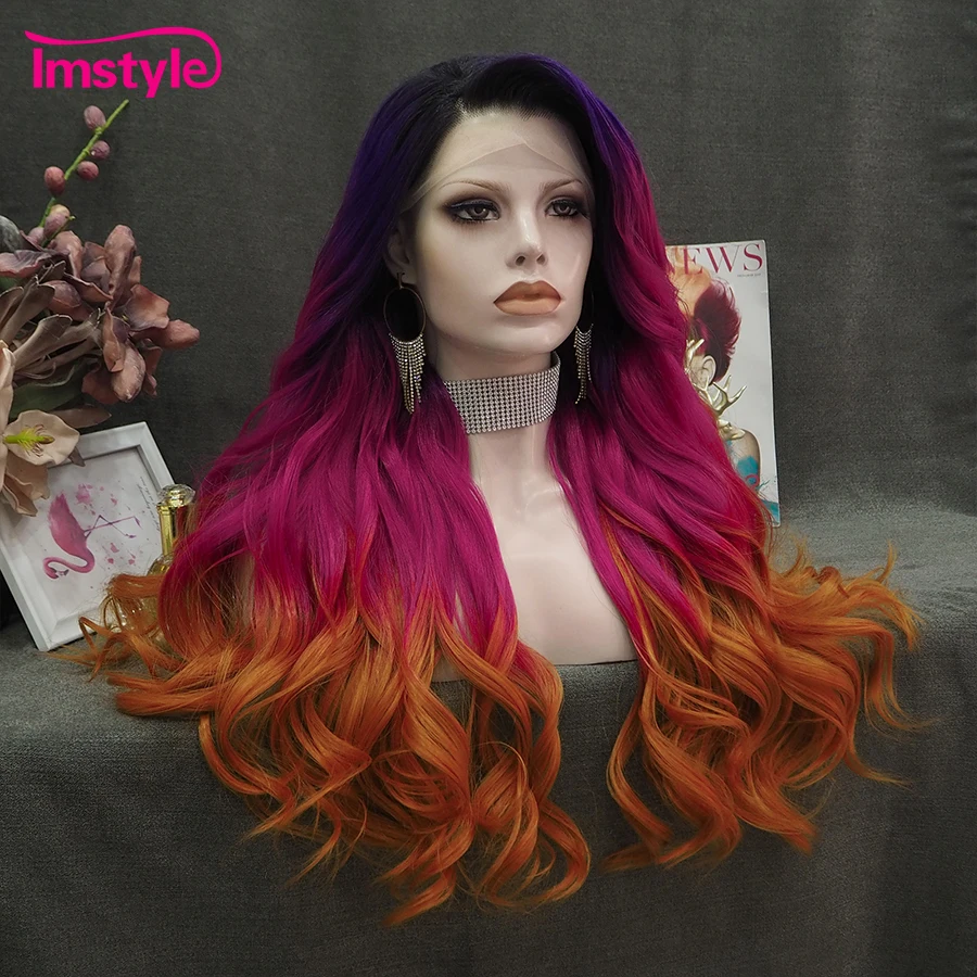 Wig Sintetik Berenda Depan Imstyle Ombre Wig Ungu Multiwarna untuk Wanita Wig Renda Panjang Serat Tahan Panas Wig Pesta