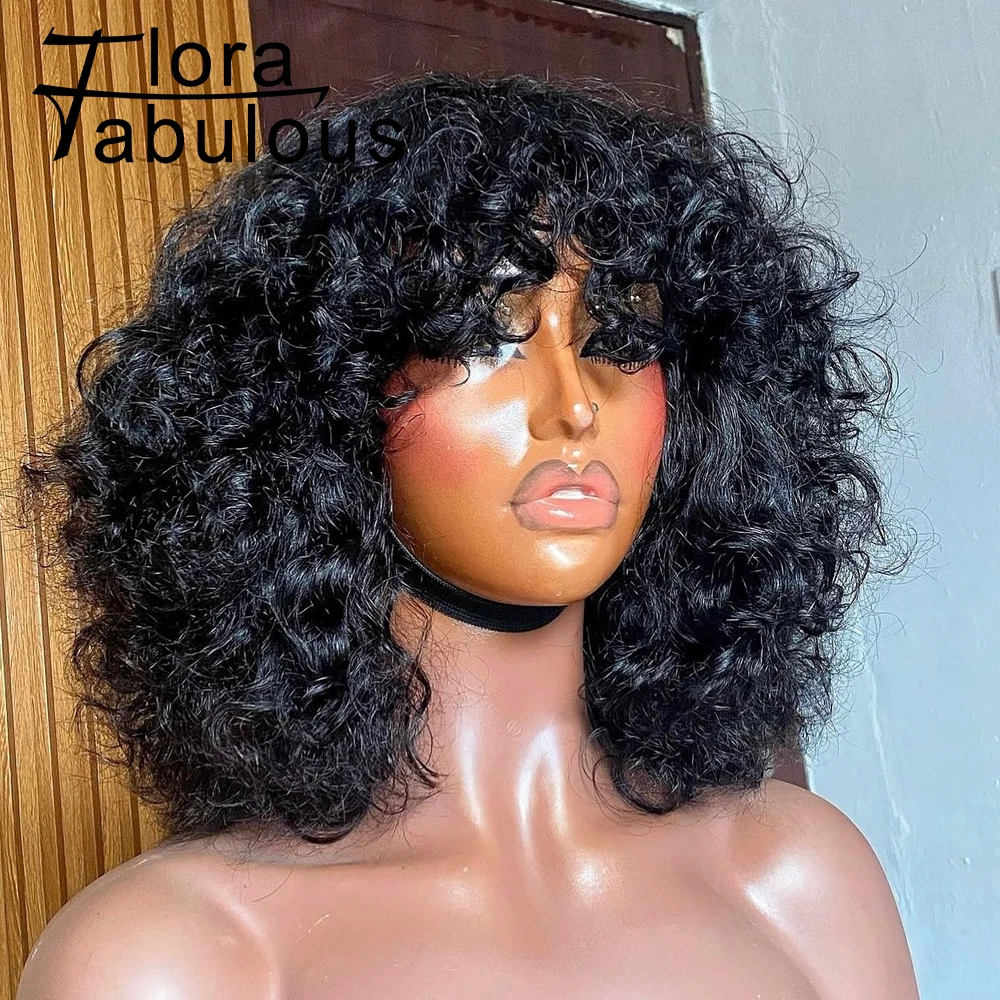 Bouncy Deep Curls Wig with Bangs Machine Made Wigs 180% Density Brazilian Virgin Human Hair Curly Wig for Women Natural Color