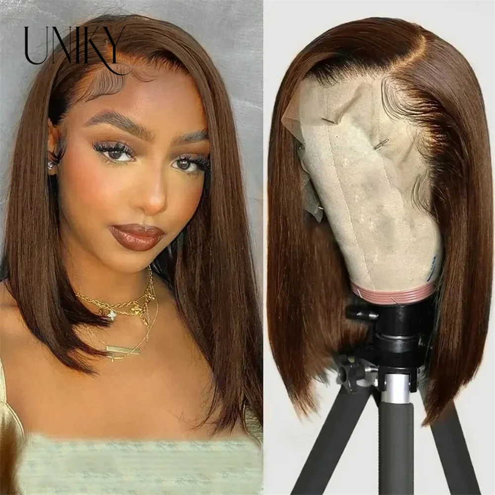 

Chocolate Brown 4# Short Bob Wig 13x4 Lace Frontal Wig Human Hair Malaysian Remy Hair Straight Colored Brown Bob Lace Front Wig