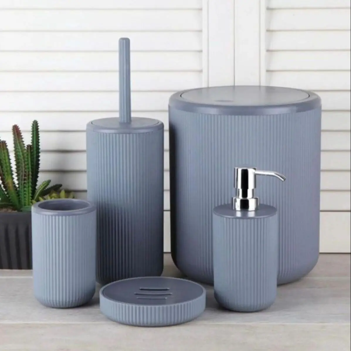 

Bath Access Set Gray Acrylic 5 Pcs Striped Lux Toothbrush Holder Liquid And Solid Soap Dispenser Toilet Brush Trash Can