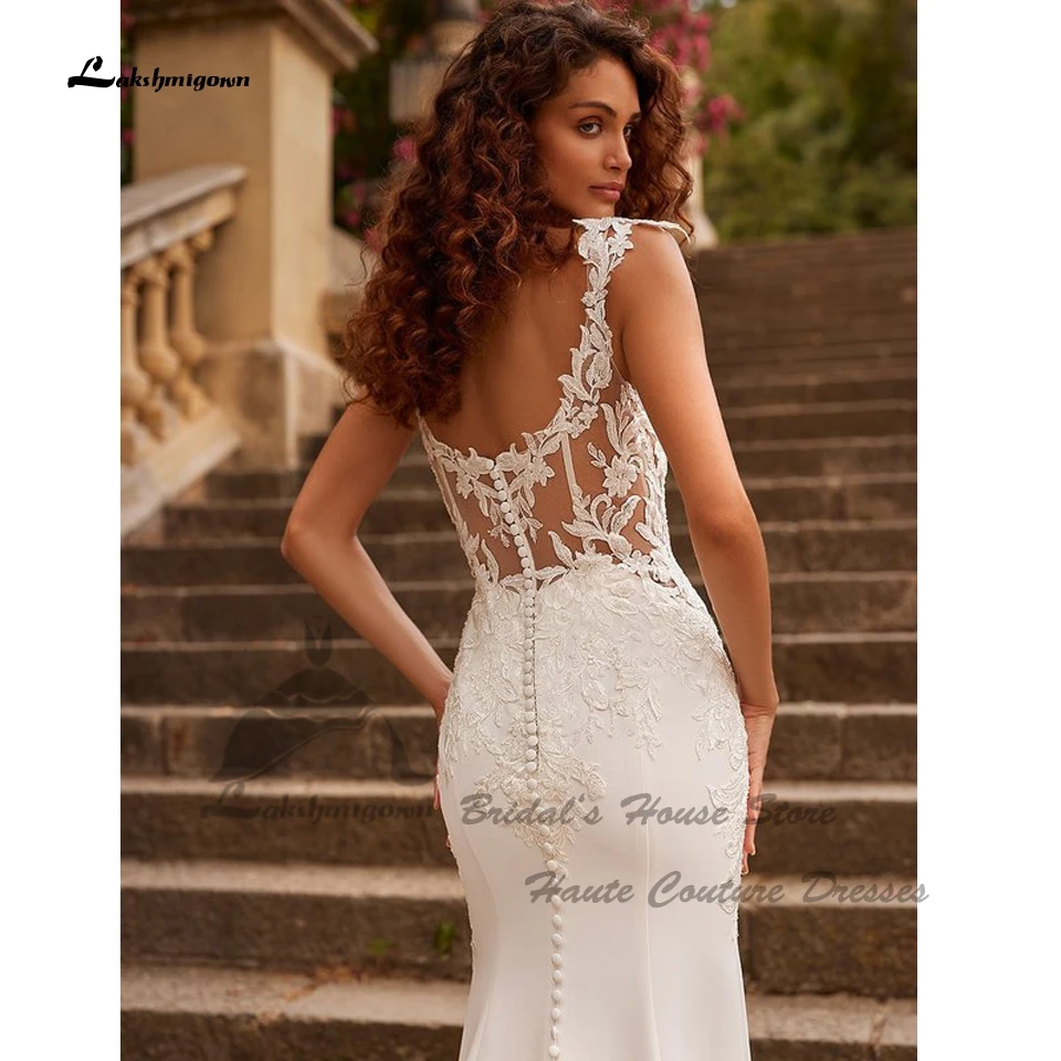 Lakshmigown Vintage Krepp Meerjungfrauen-Brautkleid mit Spitzenärmeln 2026 Sexy Damen Boho Strand-Brautkleid mit langer Schleppe – Detail 5