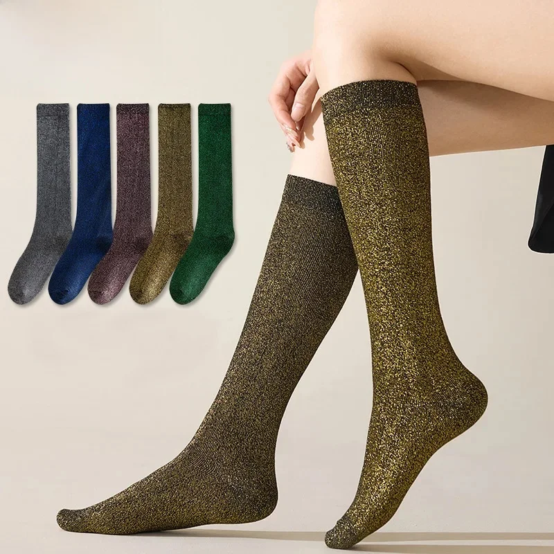 5 paires de chaussettes longues pour femmes, chaussettes chaudes avec fil doré et argenté scintillant, chaussettes colorées à la mode, sous le genou