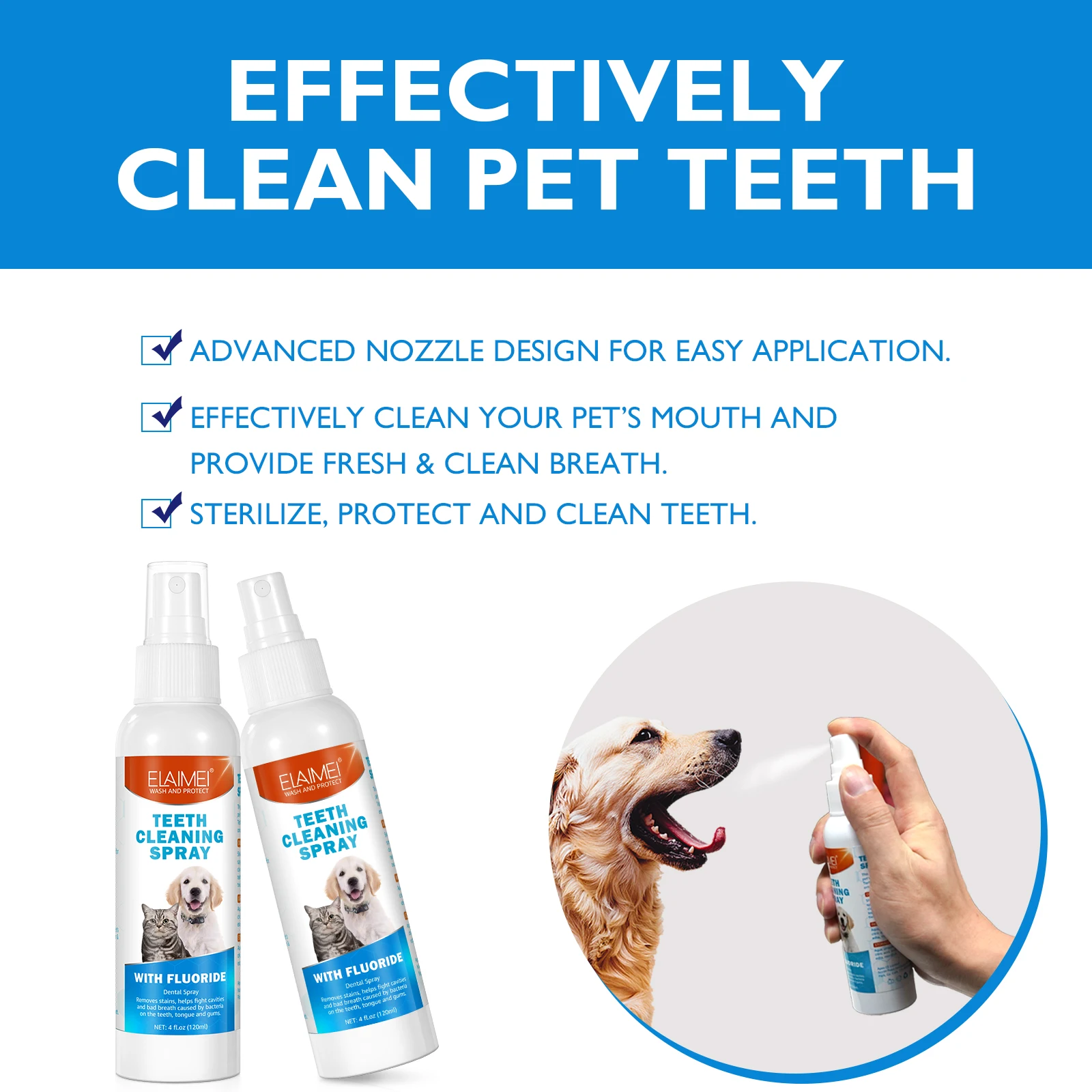 Fresh Breath Pet Dental Spray - Enriched with Fluoride, Mint & Citrus for Healthy Gums & Teeth, Easy Application, 4 fl.oz (120ml