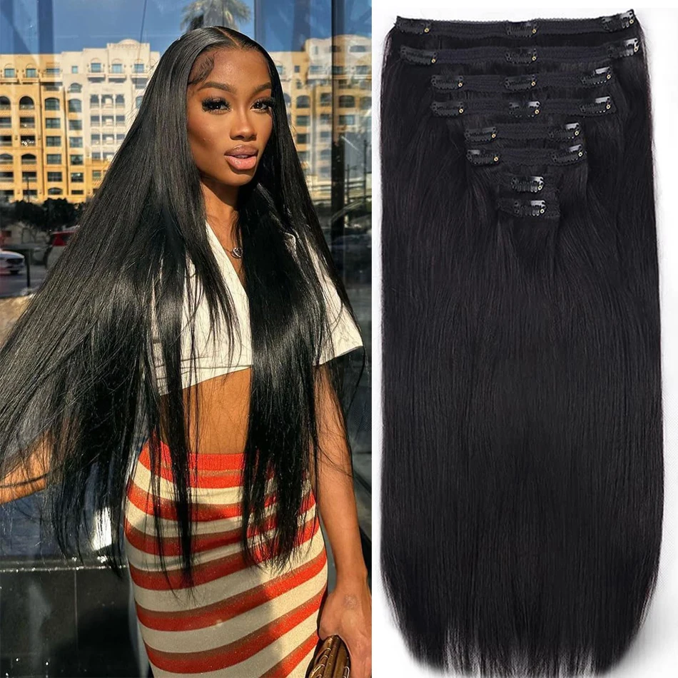 Clip in Human Hair Extensions Straight Natural Color Seamless Clip in Human Hair Full Head Brazilian Remy Clip in Hair Extention