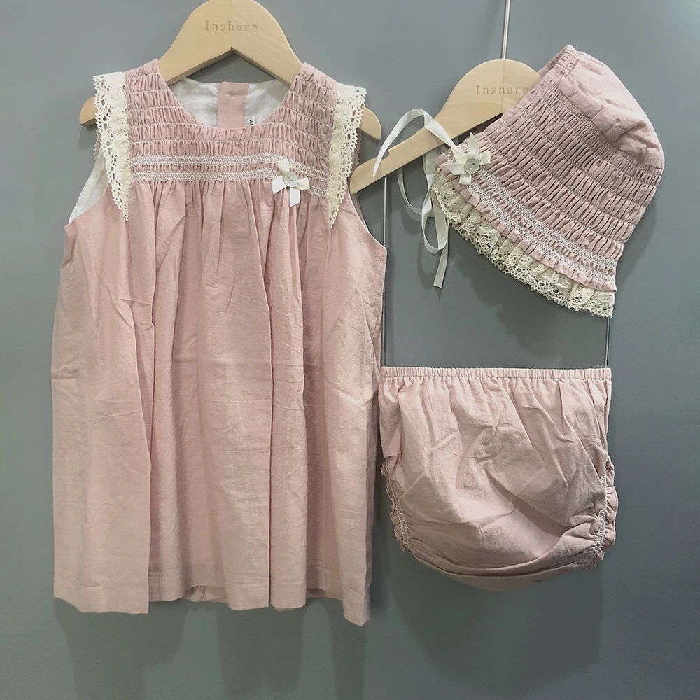 3PCS Baby Girls Set Pink Sleeveless Cotton Lace Smocked Dress with Shorts and Hat For 3m-2Y Babi Christening Dress Princess Cute