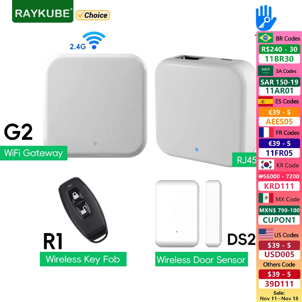 RAYKUBE TT LOCK G2 Wireless Wifi Gateway Hub RJ45 Wired G3 Gateway/TT Lock Key Fob Remote Control/Door Sensor for Smart Lock